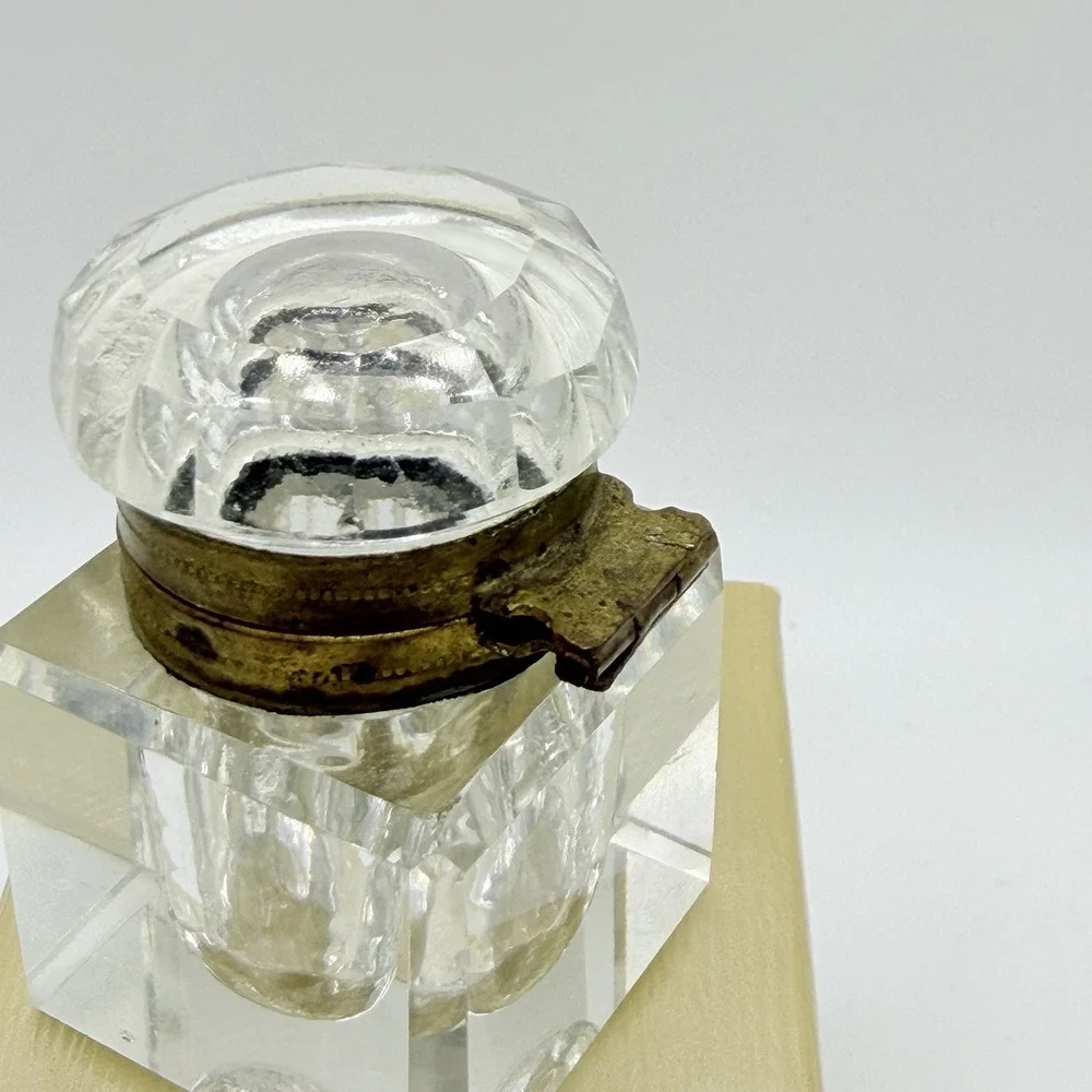 Antique Victorian Crystal Inkwell Cut Faceted Glass Brass Lid Hinge 2